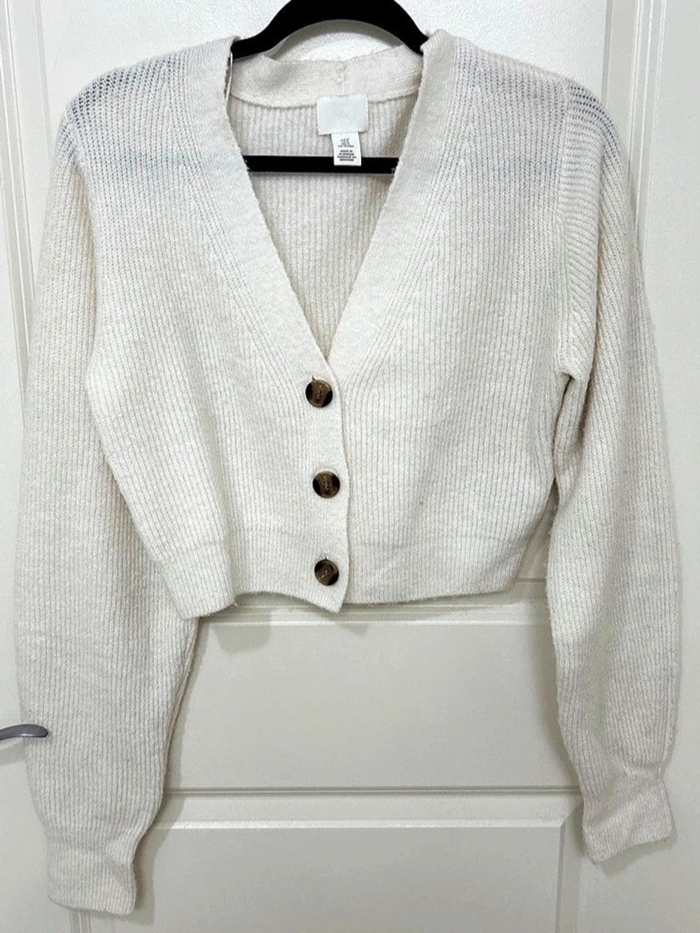 Like New - H&M - Cropped Cardigan with Brown Front Buttons in Cream - Size Mediu